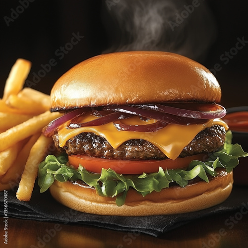 Obraz na płótnie Classic Cheeseburger with Fries and BBQ Sauce w salonie