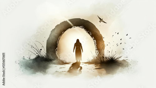 Easter illustration, watercolor Easter linen background with empty tomb and white stone 