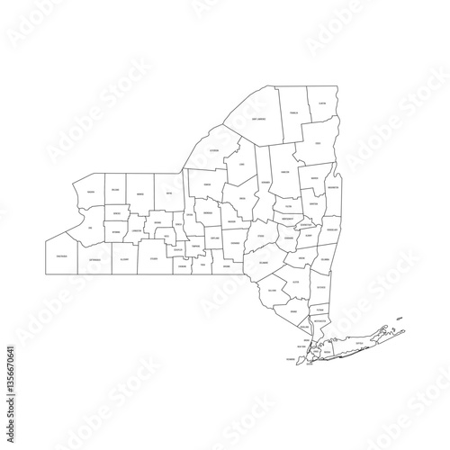 New York, NY - detailed political map of US state. Administrative map divided into counties. Thin black outline map with county name labels. Vector illustration