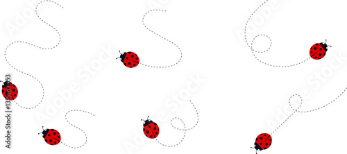 Cute ladybug characters collection. Flying cartoon ladybug with dotted path. Ladybugs flying on dotted route. ladybug icon set. Insects group illustration isolated on white.