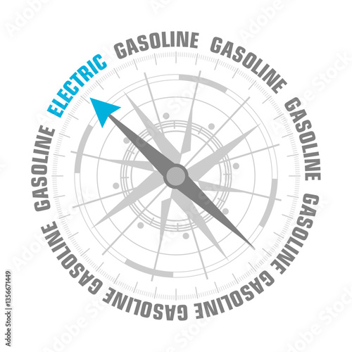 The needle of compass points to the word electric ignoring the words gasoline. Choosing or comparing electric versus gasoline fuel powered motor vehicle concept.