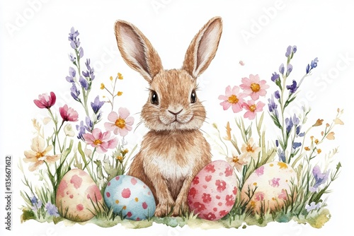 Cute bunny sitting in grass with easter eggs and flowers