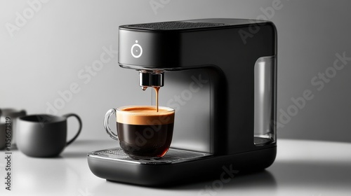 Modern coffee machine pouring espresso into glass cup in kitchen