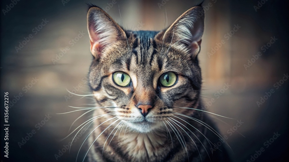 A captivating close-up portrait of a domestic tabby cat, its striking green eyes and alert expression filling the frame, showcasing the intricate details of its fur and whiskers. A captivating close-up portrait of a domestic tabby cat, its striking green eyes and alert expression filling the frame, showcasing the intricate details of its fur and whiskers.