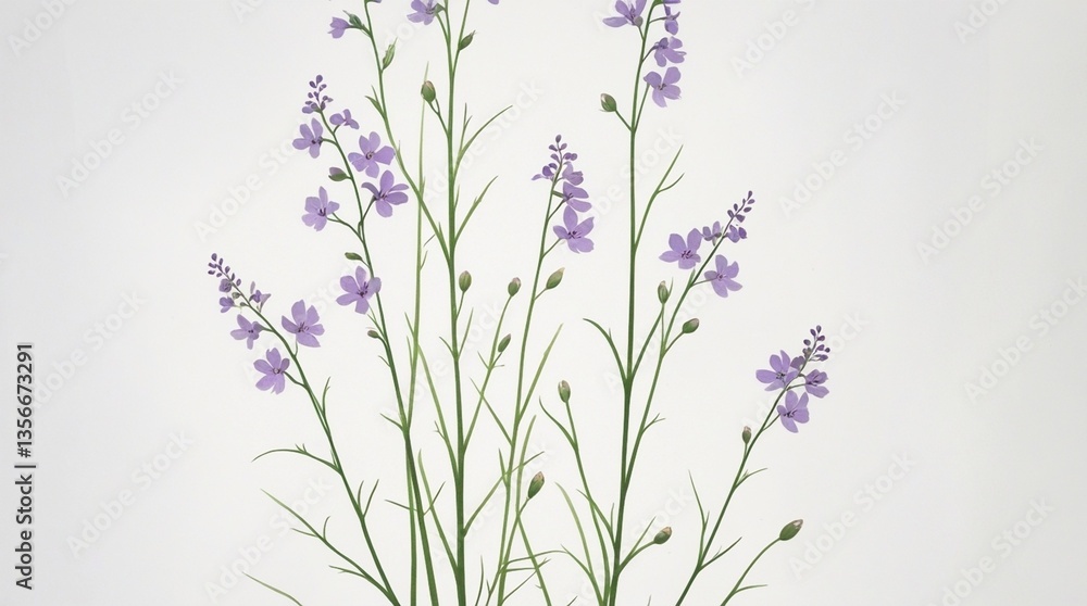 Fototapeta premium The wildflower features thin green stems and small purple blossoms in a natural, organic arrangement, resembling a herbarium-style floral illustration with soft violet petals.