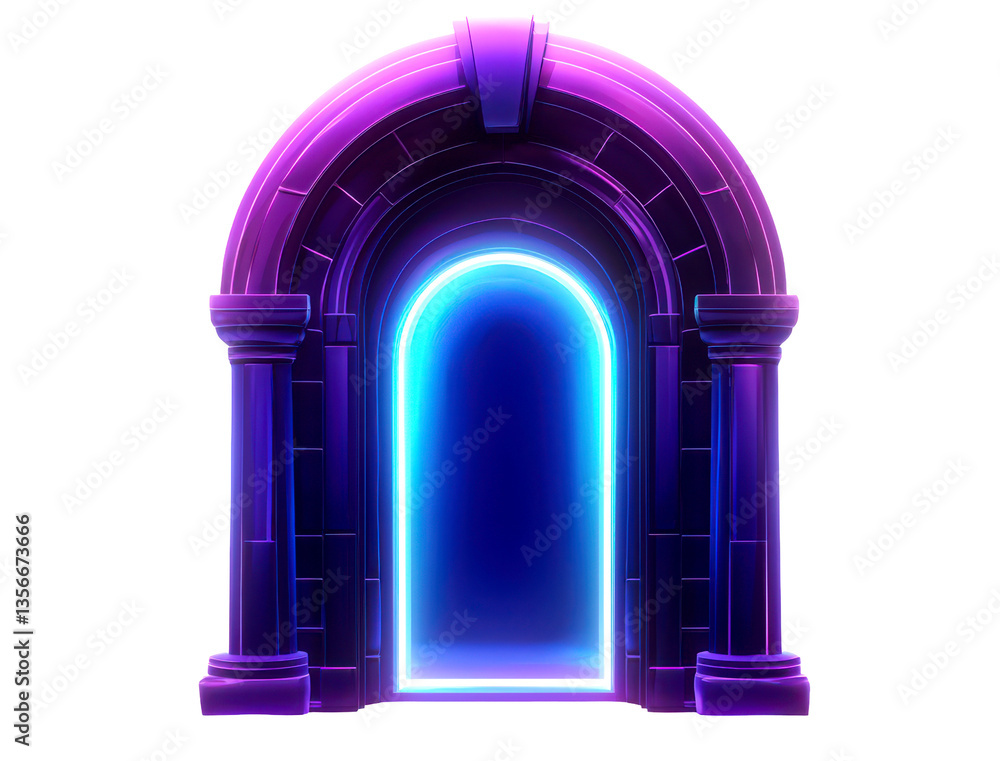 Fototapeta premium Futuristic Neon Doorway Silhouette with Glow in Arch Design Isolate on Transparent Background, cutout, png