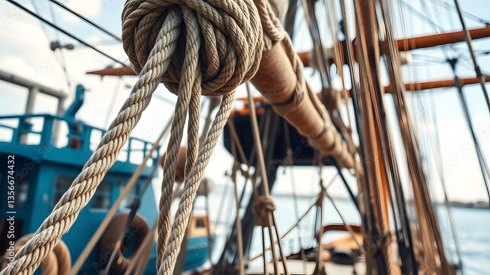 Obraz premium A close-up of a nautical rope on a sailing ship, showcasing intricate details and maritime adventure on the water. 