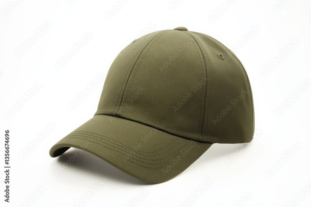 Plain olive green baseball cap with curved brim on white background Plain olive green baseball cap with curved brim on white background