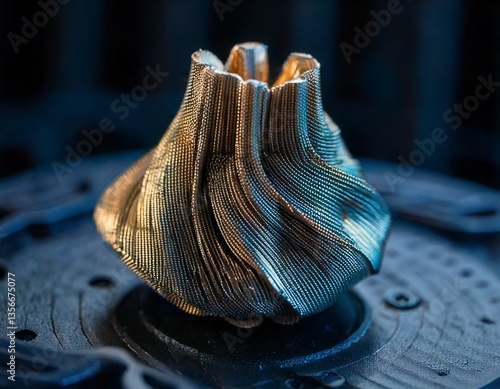 A futuristic, high-detail macro shot of a 3D-printed object, showcasing precision engineering
