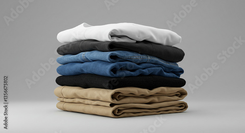 A neatly stacked pile of folded clothes showcasing various textures and colors, including a crisp white shirt, dark denim jeans, and khaki pants, against a simple gray background.