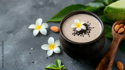 Wallpaper Mural Creamy Almond Smoothie with Chia Seeds and Plumeria Flowers Torontodigital.ca