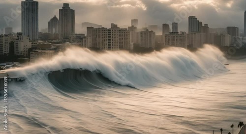 A massive tsunami wave approaches a modern coastal city at sunrise. As the gigantic wave builds, the sky turns ominous, and the wind howls.
