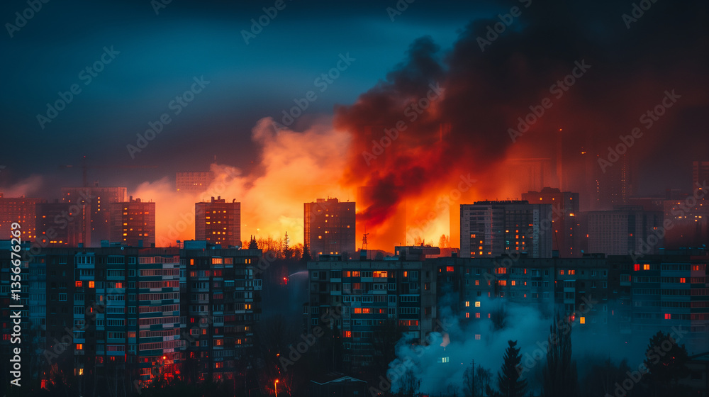 Obraz premium Burning building engulfed in fierce flames and dense smoke under the night sky with distant firefighters in a dramatic chaotic scene