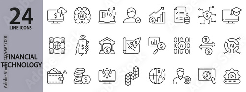 Financial Technology line icons set with Banking, Finance, Payment, Cryptocurrency, E-Wallet, Innovation, Cybersecurity, Transaction and more. Editable Stroke