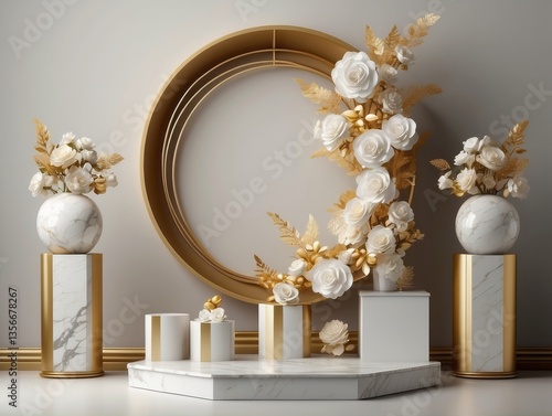 abstract background with empty marble pedestals decorated with gold and white paper flowers