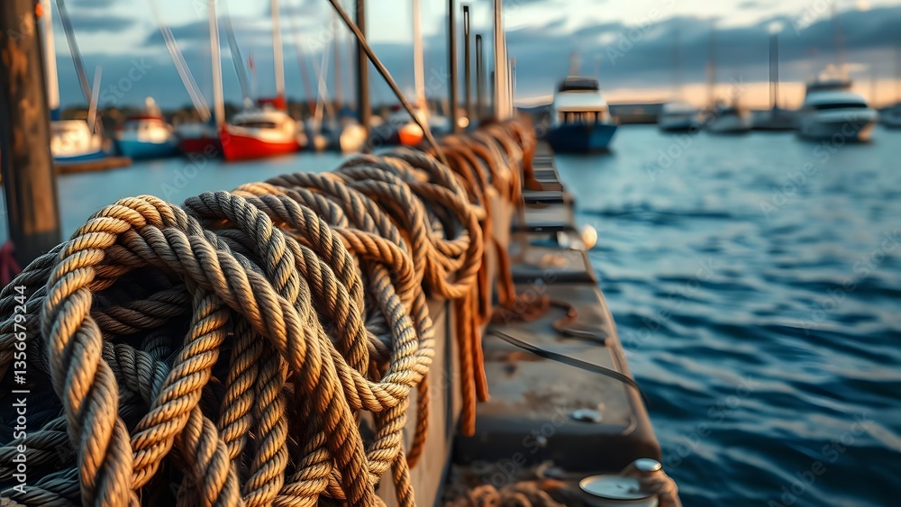 Obraz premium Close-up of coiled rope at a marina during sunset, with boats and serene water in the background. 