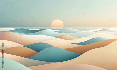 Serene abstract landscape with rolling waves and a soft sunset, evoking tranquility and calmness