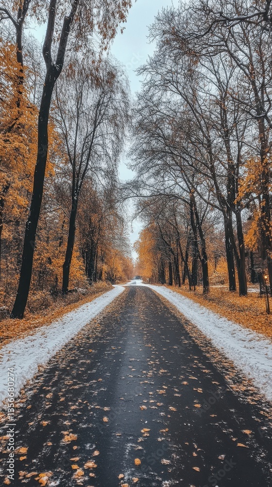 Obraz premium Serene Autumnal Road with Snow in Park with Bare Trees and Golden Foliage Perspective View on Overcast Day