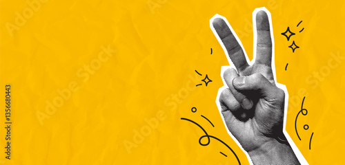 Collage with peace hand sign. Engraved style hand gesture and doodle abstract elements on yellow background with wrinkled paper effect. Vector illustration.