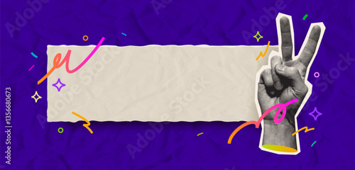 Collage with peace hand sign and paper banner. Engraved style hand gesture and doodle abstract elements. Vector illustration.