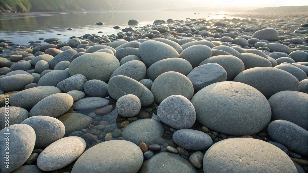 Obraz premium A beach covered with smooth, rounded stones, showcasing natural rock formations. 