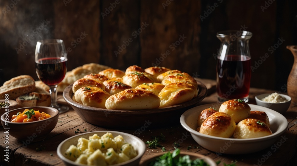 Delicious homemade bread and assorted side dishes on wooden table Delicious homemade bread and assorted side dishes on wooden table