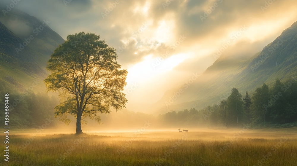 Obraz premium Lone Tree Standing Majestically in a Vast Field with Breathtaking Mountain Range in the Background