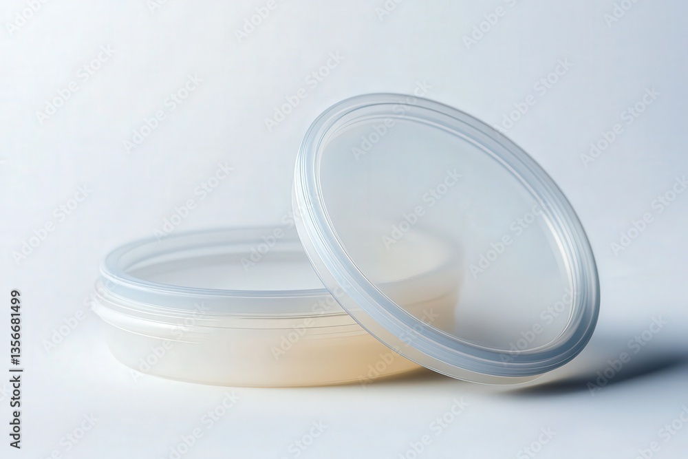 Empty round plastic container with a clear lid on a white background. Empty round plastic container with a clear lid on a white background.