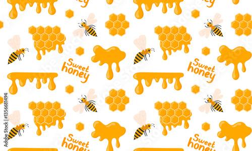 Honey seamless pattern. Apiary collection background. Honey drop, bee, honeycomb. Vector illustration isolated 