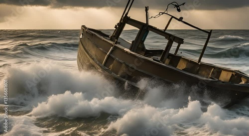 The camera starts deep underwater, looking up at a calm ocean surface. Suddenly, the scene darkens as the storm arrives. The waves above churn violently, creating an eerie, distorted effect. Debris, f