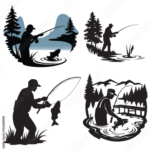 set of silhouettes of fishing