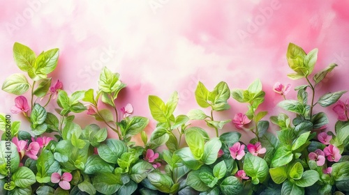 Wallpaper Mural Vibrant greenery and pink flowers against a soft pink sky Torontodigital.ca