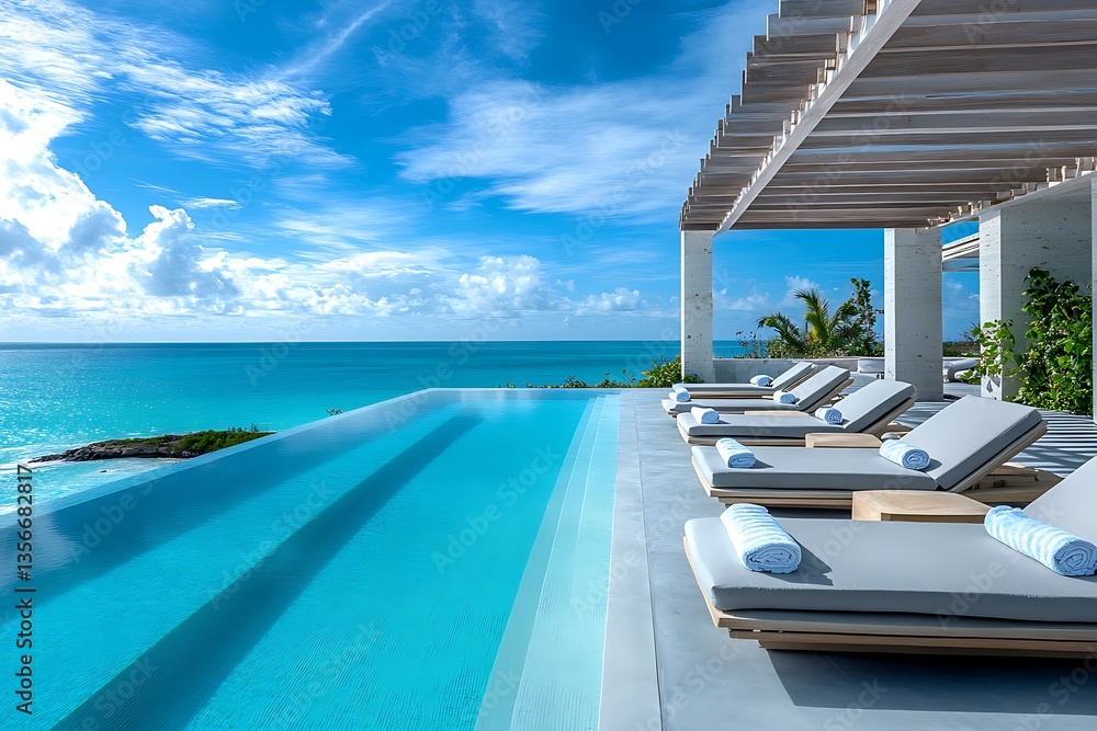Fototapeta premium Luxurious infinity pool overlooking the ocean, with plush sun loungers under a modern, minimalistic pergola.