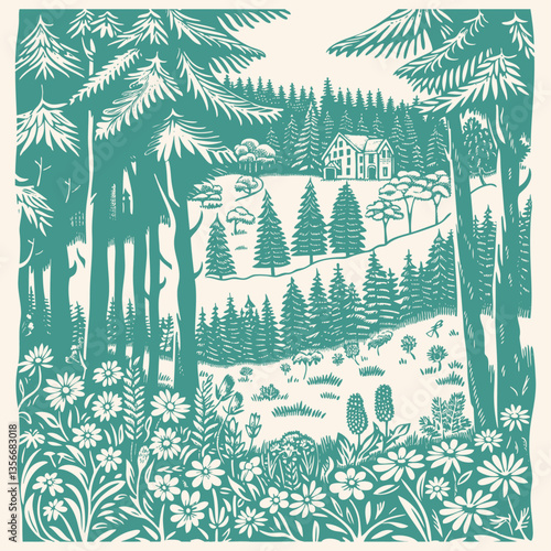 Teal linocut style illustration of a peaceful countryside landscape featuring pine trees, wildflowers, winding path, and cabin in the distance, creating a serene nature scene with folk art aesthetic.