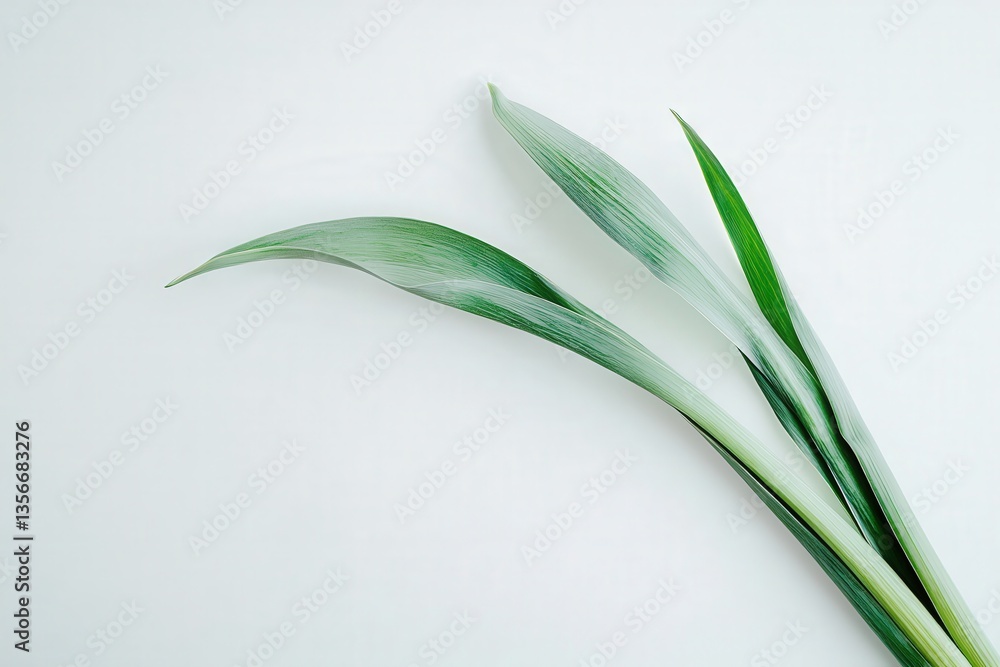 Minimalist arrangement of green leaves on a white background. Minimalist arrangement of green leaves on a white background.