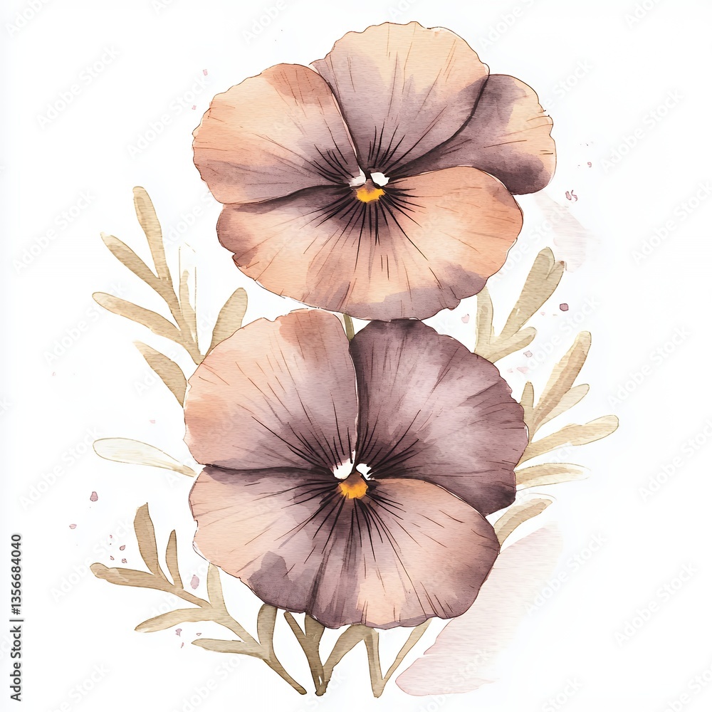 Fototapeta premium Delicate Mauve Pansies Watercolor Painting with Beige Leaves