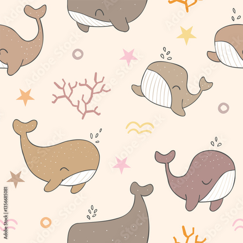 Seamless Pattern with Cartoon Whale Design on Beige Color Background. Hand Drawn Vector Illustration.