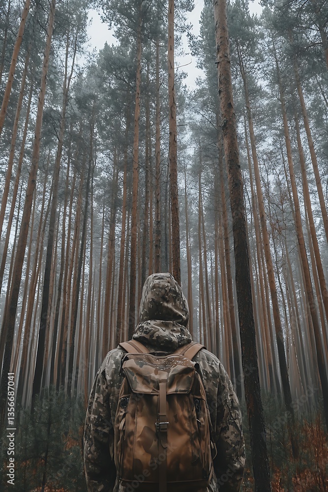 A person with a backpack stands among tall forest trees A person with a backpack stands among tall forest trees