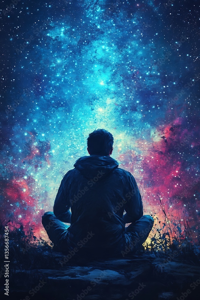 A person meditates while gazing at the vast starry cosmos A person meditates while gazing at the vast starry cosmos