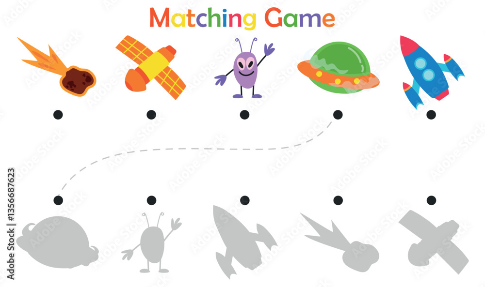 Fototapeta premium Shadow game for kids. Colored pictures of rockets, flying saucer, alien, satellite