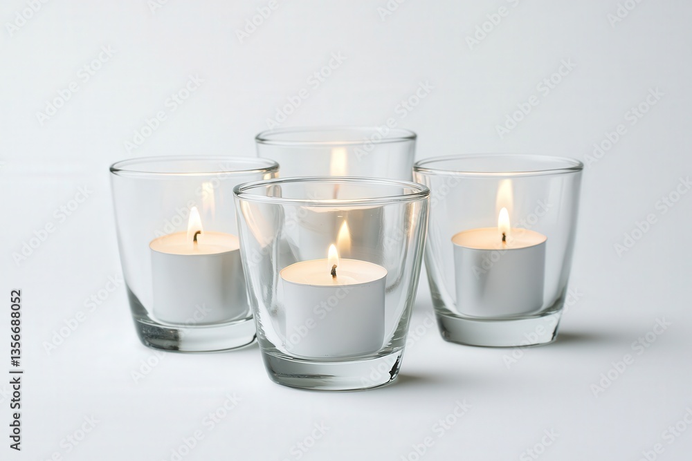 Four lit candles in glass holders create a calming ambiance. Four lit candles in glass holders create a calming ambiance.
