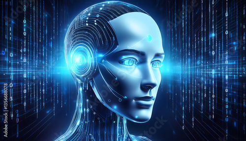 the ai robot head of the mind with binary code backround