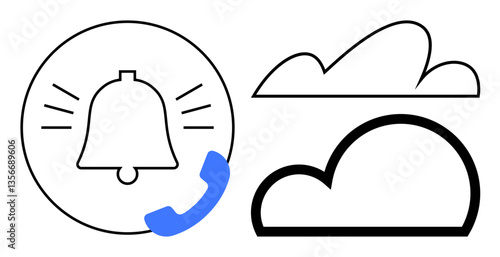 Bell icon with ringing lines and a phone handset symbolizes notifications and communication. Adjacent cloud icons represent cloud storage, computing, and connectivity. Ideal for technology