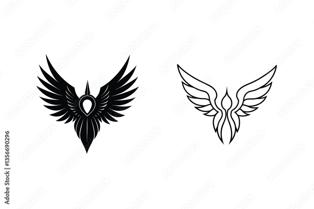Obraz premium Stylized Winged Creatures Black, Line Art, Bird, Phoenix, Logo Designs