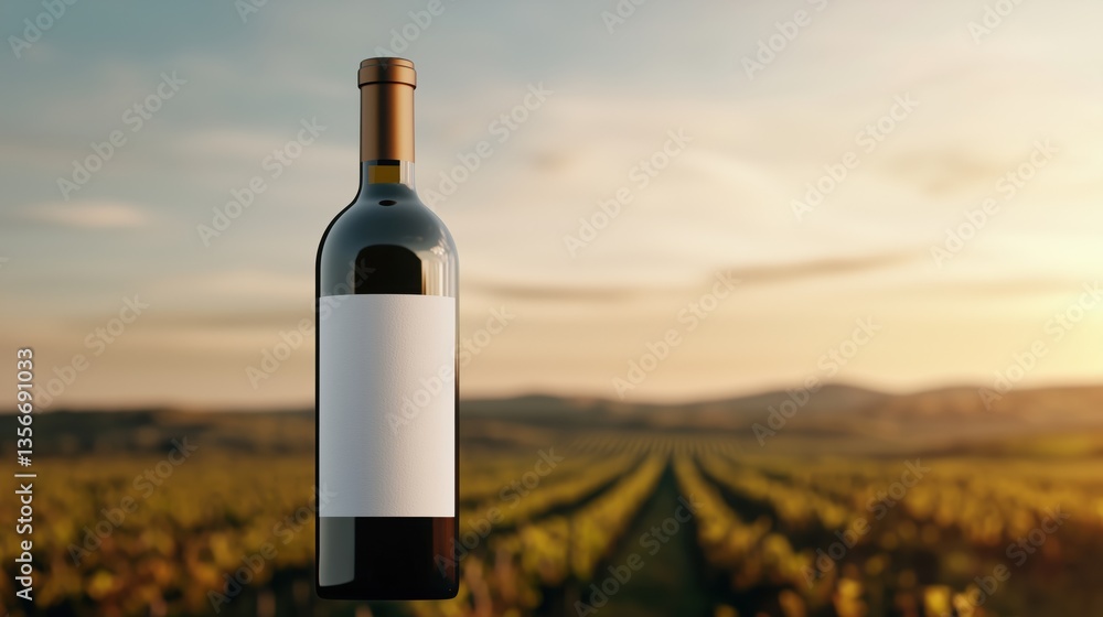 Fototapeta premium Wine bottle label shadow over vineyard mockup