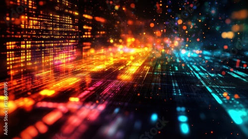 Abstract digital data stream with glowing particles and vibrant colors.