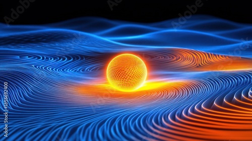 Glowing orange sphere rests on a blue and orange wavy surface.