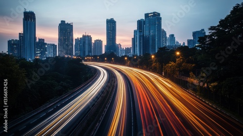 Urban Evening Skyline with Light Trails and Modern Architecture