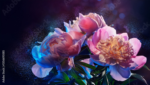 Surreal Cinematic Peonies with Vibrant Pink and Neon Blue Artistic Lighting