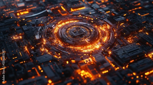 Abstract 3D rendering of a futuristic technological circuit board with glowing orange energy core.